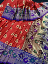 Deep Red with Blue Banarasi saree in banarasi silk with meenakari work with grand pallu — Kaash Collection