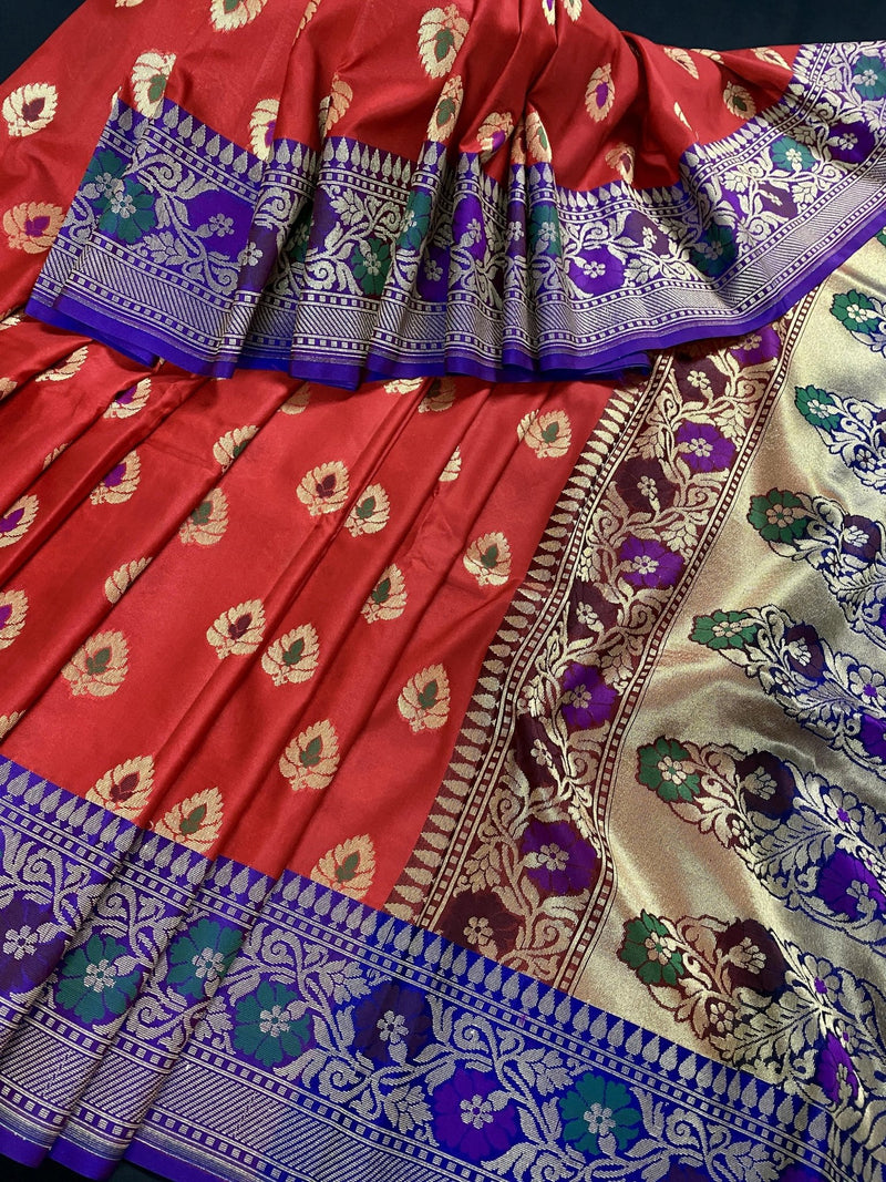 Deep Red with Blue Banarasi saree in banarasi silk with meenakari work with grand pallu — Kaash Collection