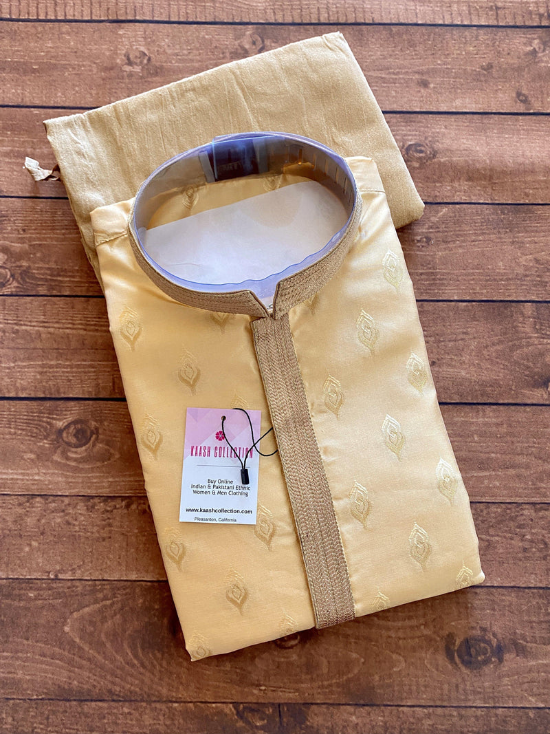 Designer Beige Gold Silk Men Kurta Pajama Set with Zari Embroidery design - Kaash