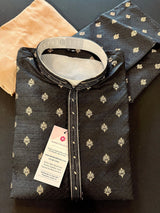 Black men's kurta pajama in soft silk (non-pure) with self-design with copper zari floral buttis — Kaash Collection