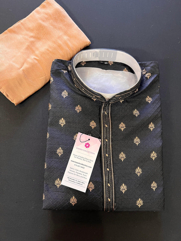Designer Black Color Soft Silk Kurta with Lining Kurta Pajama for Men | Copper Zari Floral Weave | Exclusive Collection of Kurtas For Men - Kaash
