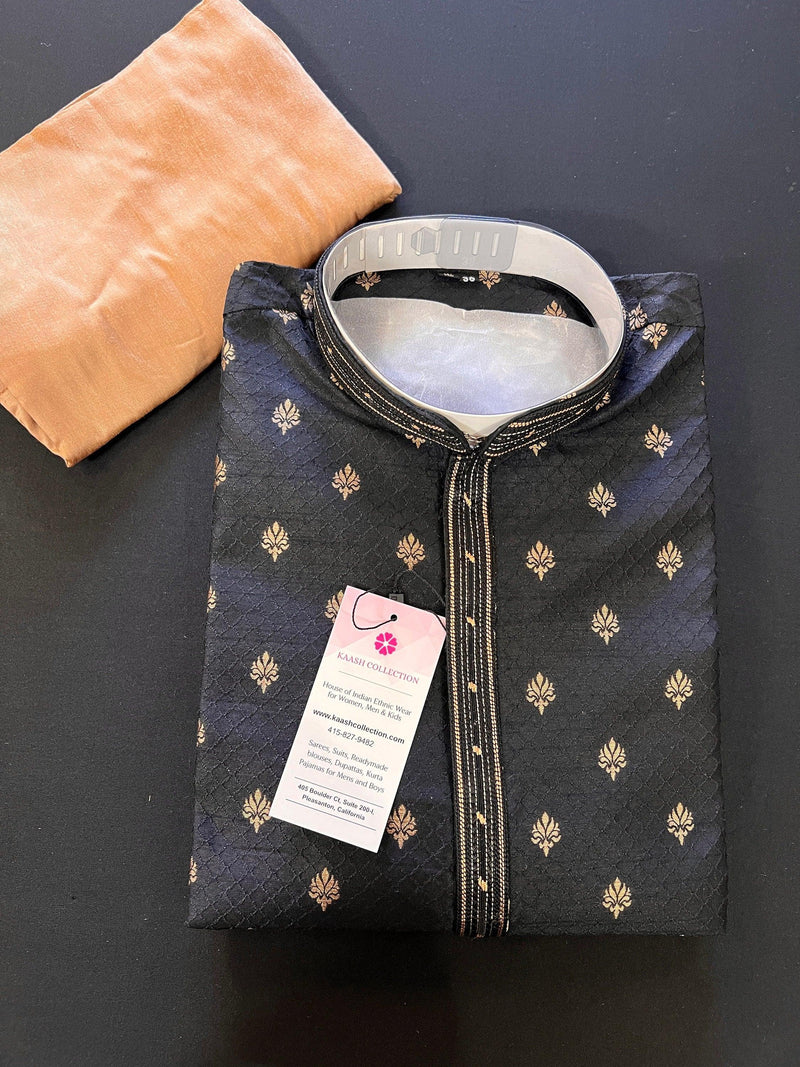 Designer Black Color Soft Silk Kurta with Lining Kurta Pajama for Men | Copper Zari Floral Weave | Exclusive Collection of Kurtas For Men - Kaash