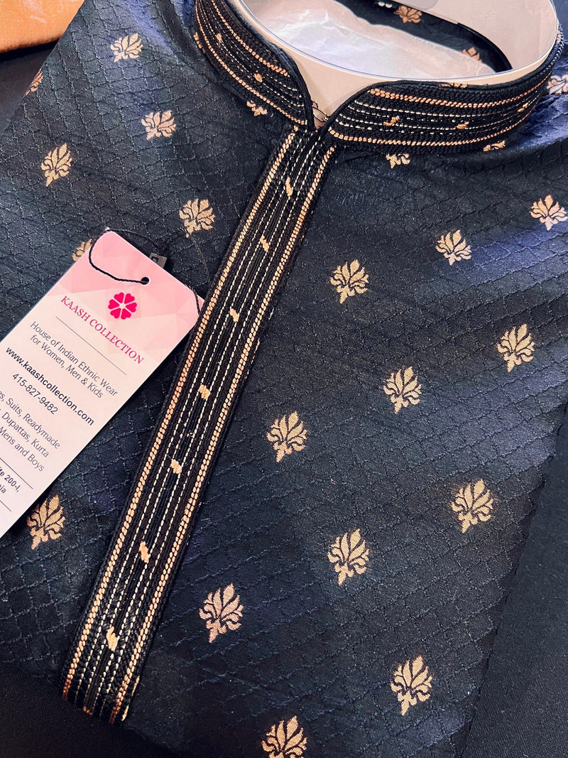 Designer Black Color Soft Silk Kurta with Lining Kurta Pajama for Men | Copper Zari Floral Weave | Exclusive Collection of Kurtas For Men - Kaash