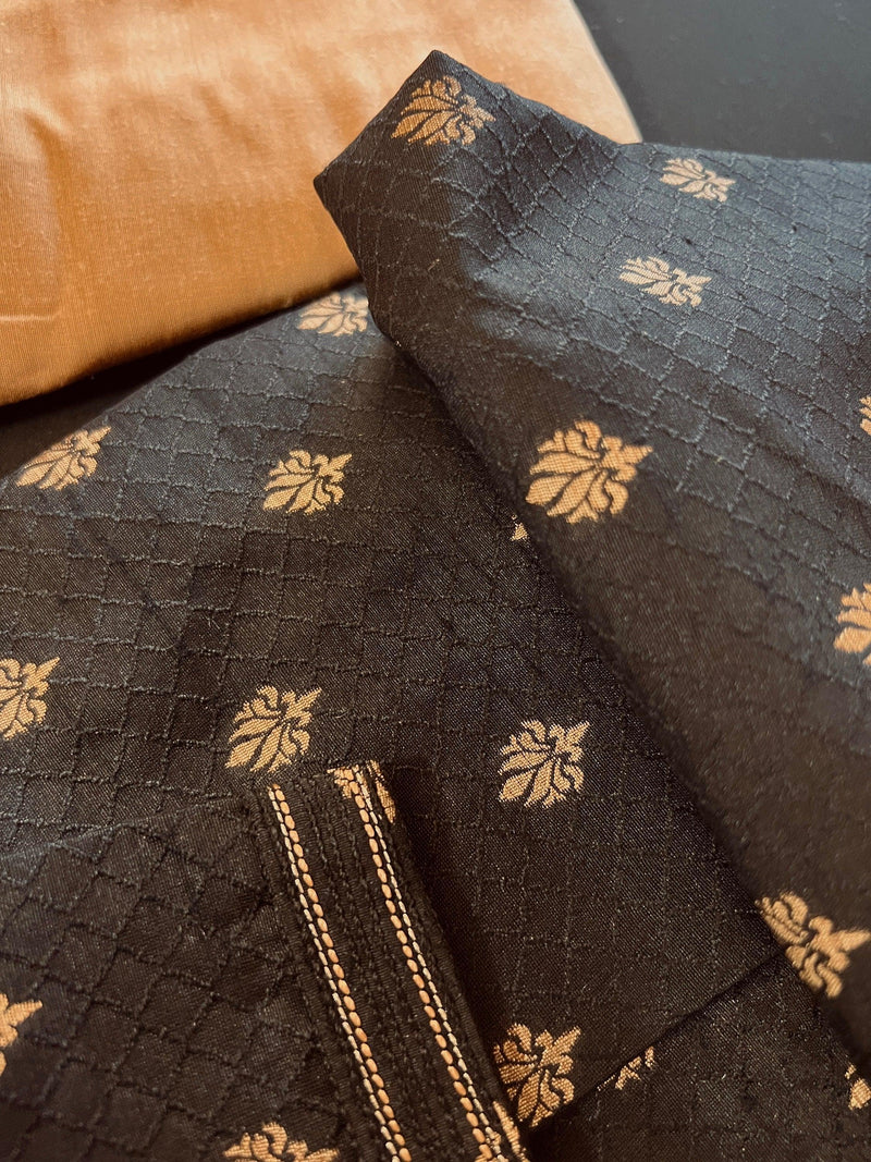 Designer Black Color Soft Silk Kurta with Lining Kurta Pajama for Men | Copper Zari Floral Weave | Exclusive Collection of Kurtas For Men - Kaash