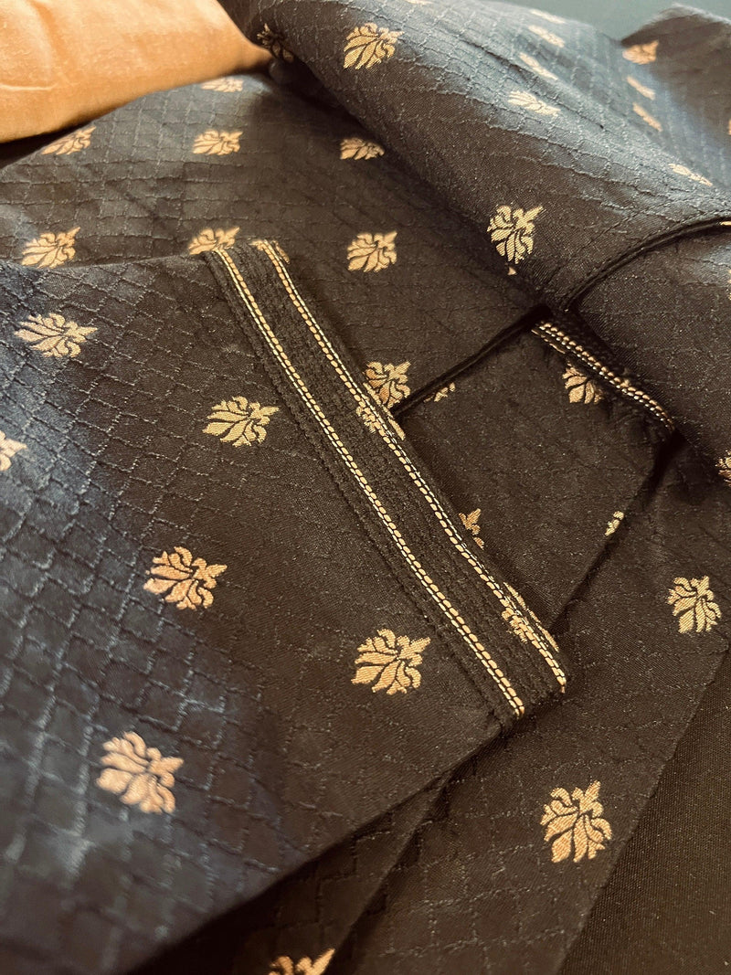 Designer Black Color Soft Silk Kurta with Lining Kurta Pajama for Men | Copper Zari Floral Weave | Exclusive Collection of Kurtas For Men - Kaash