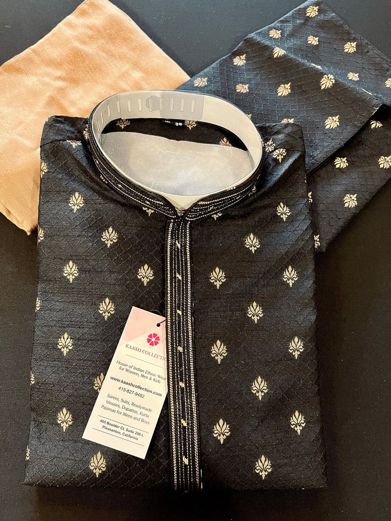 Designer Black Color Soft Silk Kurta with Lining Kurta Pajama for Men | Copper Zari Floral Weave | Exclusive Collection of Kurtas For Men - Kaash