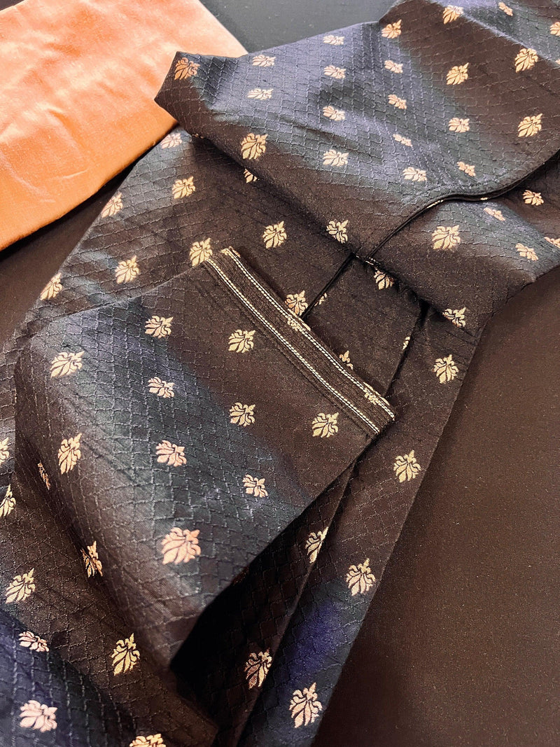 Designer Black Color Soft Silk Kurta with Lining Kurta Pajama for Men | Copper Zari Floral Weave | Exclusive Collection of Kurtas For Men - Kaash