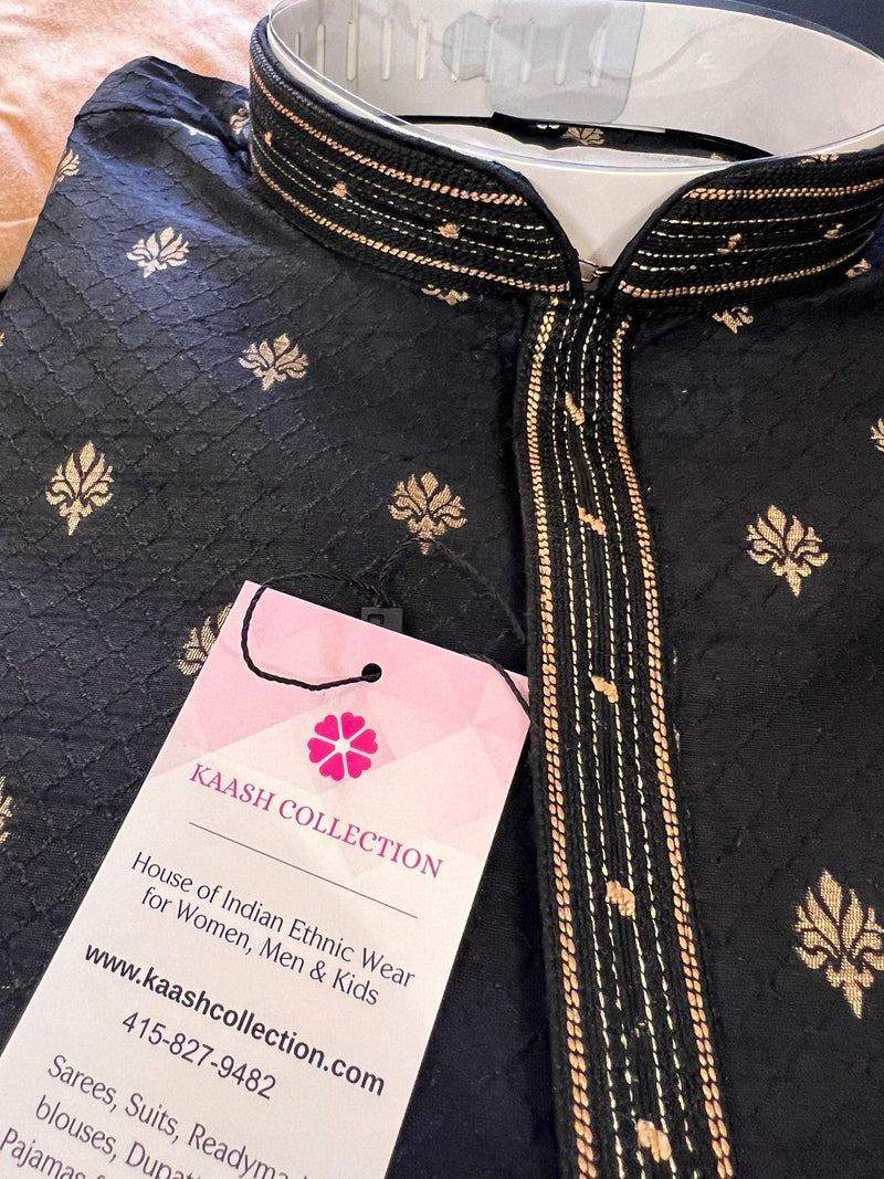 Designer Black Color Soft Silk Kurta with Lining Kurta Pajama for Men | Copper Zari Floral Weave | Exclusive Collection of Kurtas For Men - Kaash