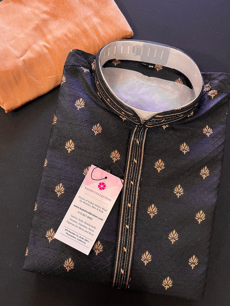 Designer Black Color Soft Silk Kurta with Lining Kurta Pajama for Men | Copper Zari Floral Weave | Exclusive Collection of Kurtas For Men - Kaash