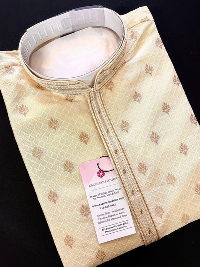 Cream men's kurta pajama in soft silk (non-pure) with self-design with copper zari floral buttis — Kaash Collection