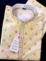 Cream men's kurta pajama in soft silk (non-pure) with self-design with copper zari floral buttis — Kaash Collection