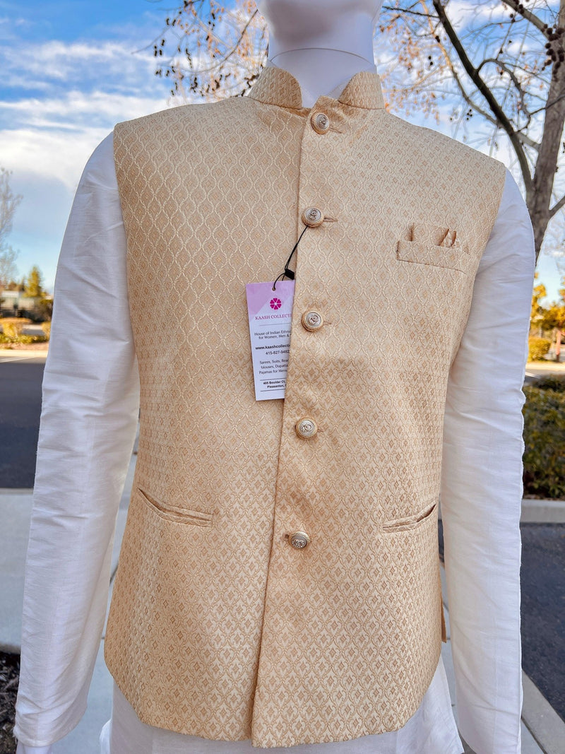 Designer Gold Modi Nehru Jacket For Men in Soft Banarasi Silk - Kaash