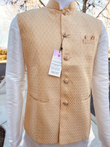 Designer Gold Modi Nehru Jacket For Men in Soft Banarasi Silk - Kaash