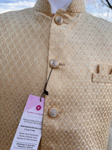 Designer Gold Modi Nehru Jacket For Men in Soft Banarasi Silk - Kaash