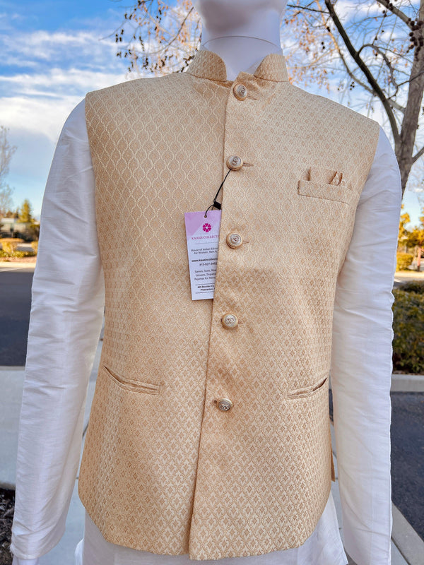 Designer Gold Modi Nehru Jacket For Men in Soft Banarasi Silk | Waist Coat | Jacket for Kurta | Gift For Him | Indian Wedding - Kaash