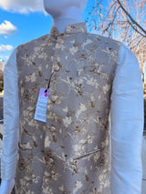 Light Grey with Gold men's Nehru/Modi jacket in soft banarasi silk with self-design pattern with gold detail — Kaash Collection
