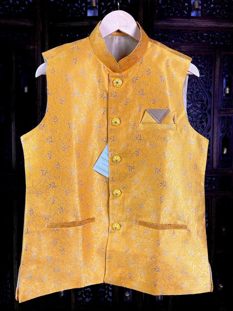 Mango Yellow men's Nehru/Modi jacket in raw silk with zari weaving floral designs — Kaash Collection