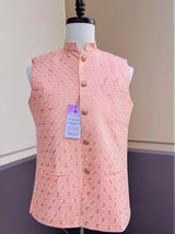Pastel Peach men's Nehru/Modi jacket in soft silk with chikankari embroidery on neckline — Kaash Collection