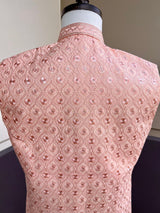 Pastel Peach men's Nehru/Modi jacket in soft silk with chikankari embroidery on neckline — Kaash Collection
