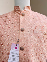 Pastel Peach men's Nehru/Modi jacket in soft silk with chikankari embroidery on neckline — Kaash Collection