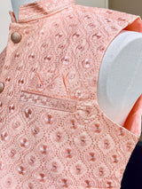 Pastel Peach men's Nehru/Modi jacket in soft silk with chikankari embroidery on neckline — Kaash Collection