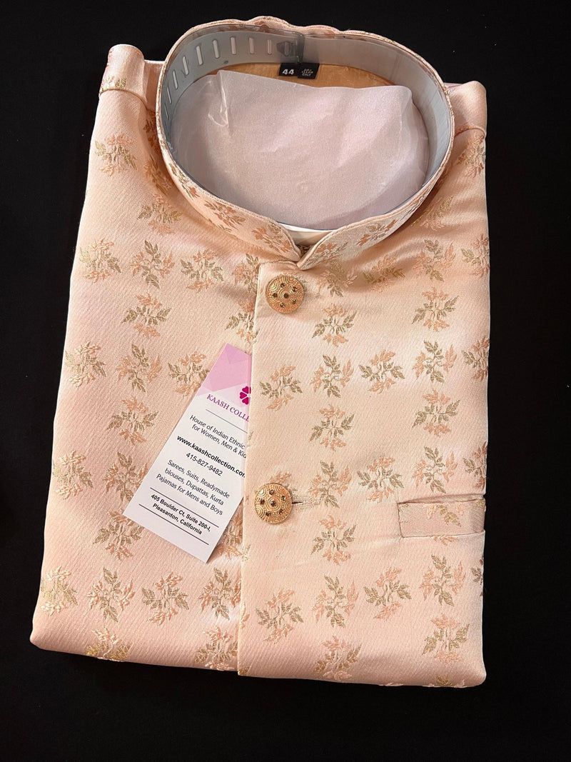 Light Peach men's Nehru/Modi jacket in silk (non-pure) with floral weave & embroidery — Kaash Collection