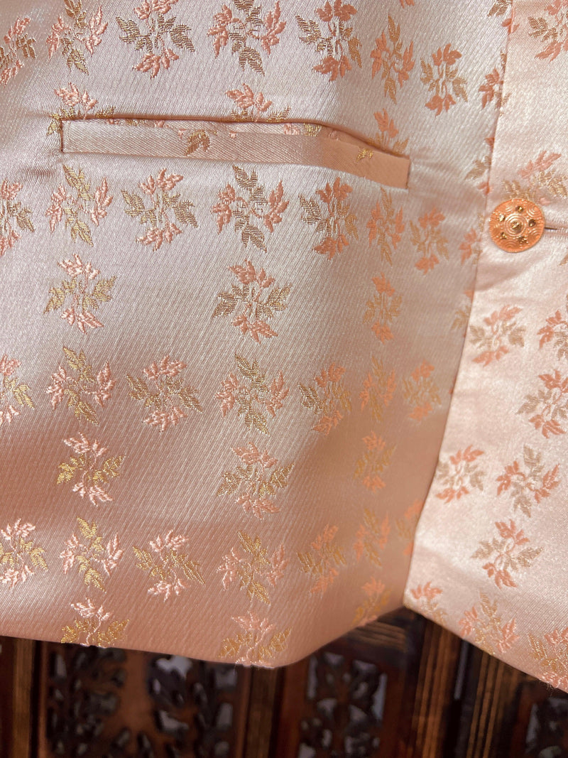 Designer Peach Color Floral Modi Jacket For Men with Embroidery and Weave Work | Jacket for Kurta | Gift For Him | Wedding Jackets for Kurta - Kaash