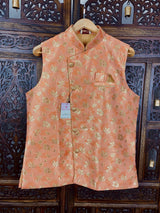 Peach men's Nehru/Modi jacket in raw silk with zari weaving floral designs — Kaash Collection