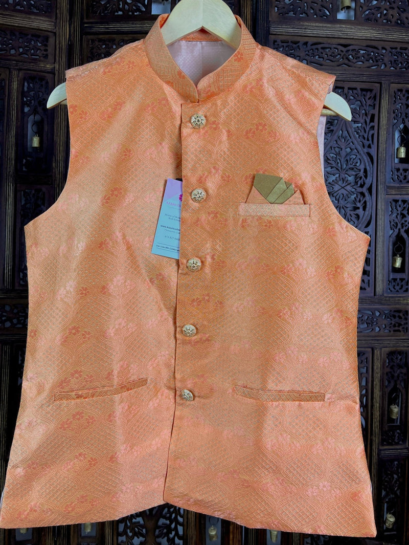 Peachy Pink men's Nehru/Modi jacket in raw silk with floral design with subtle zari — Kaash Collection