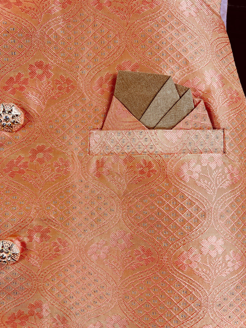 Designer Peachy Pink Modi Nehru Jacket For Men with Floral Design | Floral Jacket | Jacket for Kurta | Gift For Him | Wedding Kurta | Kaash - Kaash