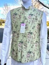 Pista Green Gold men's Nehru/Modi jacket in soft jute silk with self-design pattern with gold detail — Kaash Collection