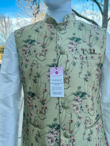 Pista Green Gold men's Nehru/Modi jacket in soft jute silk with self-design pattern with gold detail — Kaash Collection
