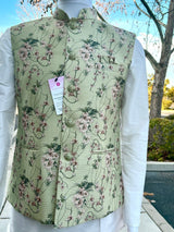 Pista Green Gold men's Nehru/Modi jacket in soft jute silk with self-design pattern with gold detail — Kaash Collection