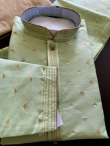 Designer Pista Green Silk Men Kurta Pajama Set with Zari Weave - Kaash