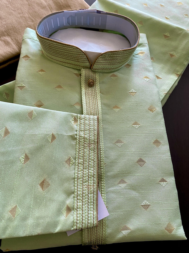 Designer Pista Green Silk Men Kurta Pajama Set with Zari Weave - Kaash