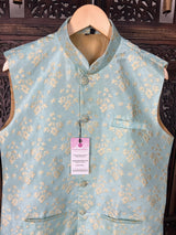 Sea Green men's Nehru/Modi jacket in silk (non-pure) with designer woven pattern — Kaash Collection