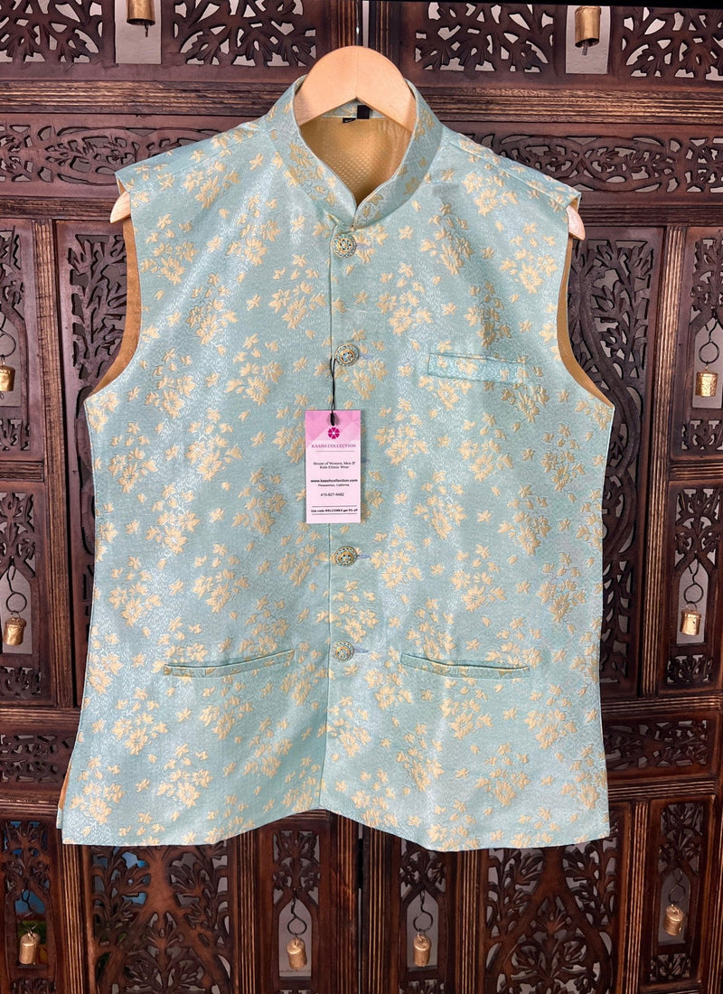 Sea Green men's Nehru/Modi jacket in silk (non-pure) with designer woven pattern — Kaash Collection