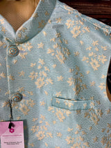 Sea Green men's Nehru/Modi jacket in silk (non-pure) with designer woven pattern — Kaash Collection