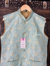 Sea Green men's Nehru/Modi jacket in silk (non-pure) with designer woven pattern — Kaash Collection