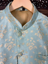 Sea Green men's Nehru/Modi jacket in silk (non-pure) with designer woven pattern — Kaash Collection