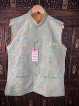 Sea Green men's Nehru/Modi jacket in silk (non-pure) with designer woven pattern — Kaash Collection