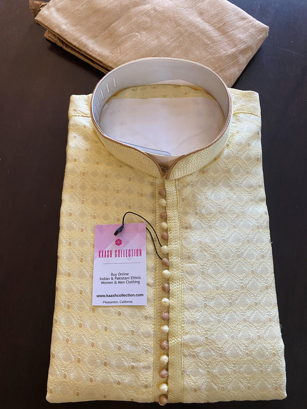Designer Yellow Soft Silk Kurta with embroidery & zari work | Light Weight | Soft Silk Kurta with Lining | Wedding Wear | Kaash Collection - Kaash