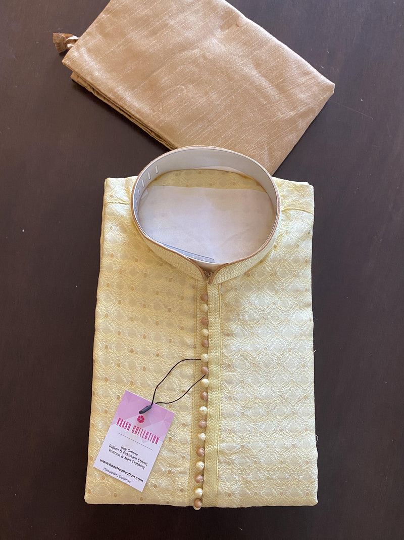 Designer Yellow Soft Silk Kurta with embroidery & zari work | Light Weight | Soft Silk Kurta with Lining | Wedding Wear | Kaash Collection - Kaash