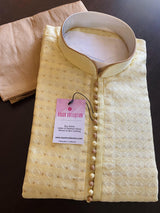 Yellow men's kurta pajama in soft silk with embroidery & zari work — Kaash Collection