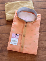 Peach men's kurta pajama in silk with zari-weave design with lining — Kaash Collection
