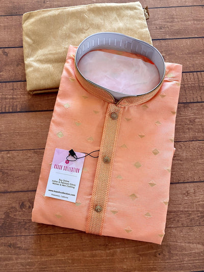 Peach men's kurta pajama in silk with zari-weave design with lining — Kaash Collection
