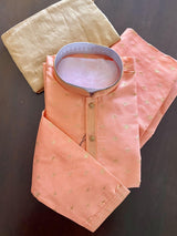 Peach men's kurta pajama in silk with zari-weave design with lining — Kaash Collection