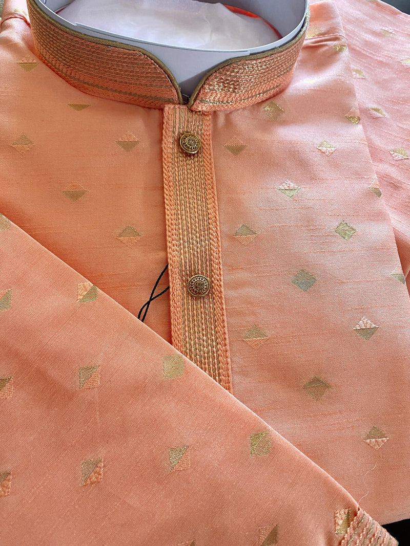 Designers Peach Silk Men Kurta Pajama Set with Zari Weave design - Kaash