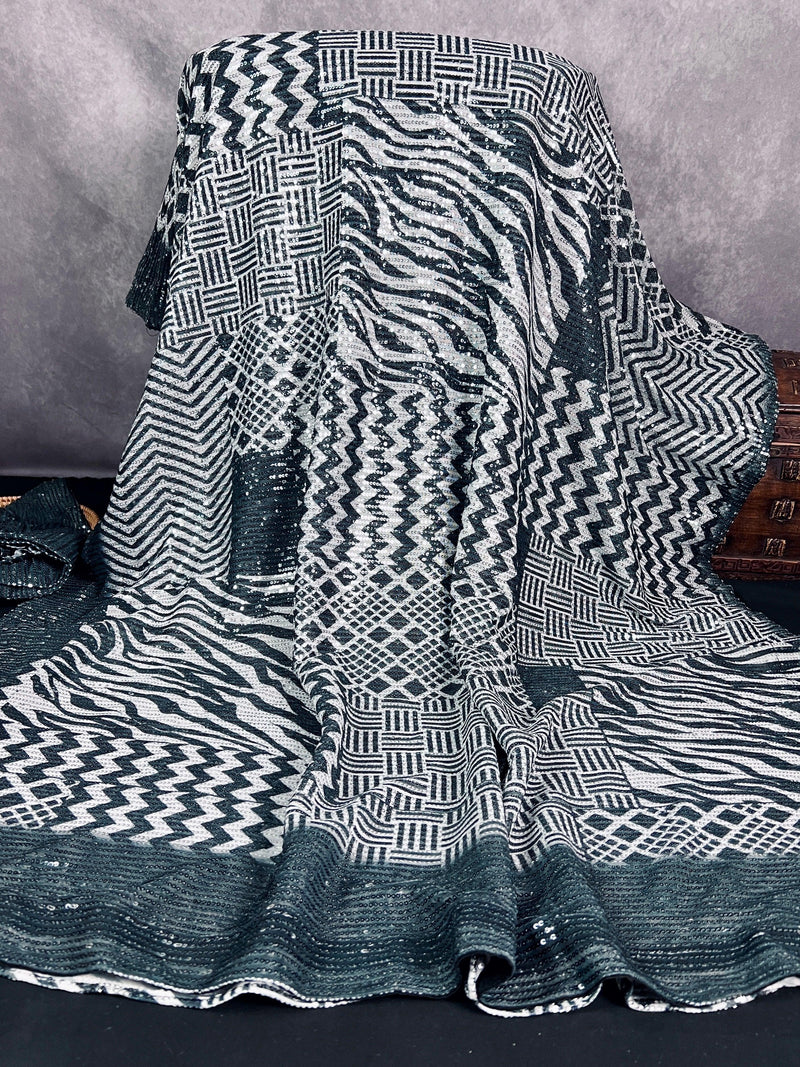 Digital Printed Sequin Saree in Pearl White with Black and Grey | Sequin Party Wear Saree in USA | Black Sequence Party Wear Saree - Kaash
