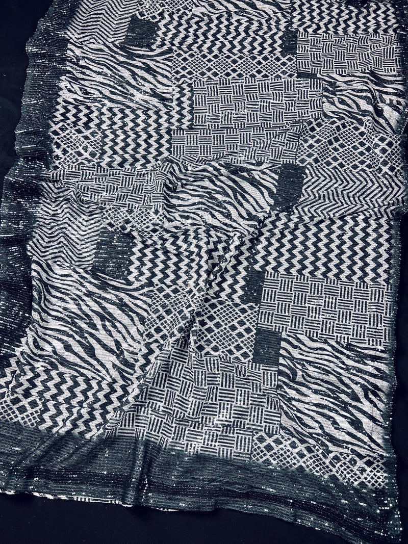 Digital Printed Sequin Saree in Pearl White with Black and Grey | Sequin Party Wear Saree in USA | Black Sequence Party Wear Saree - Kaash